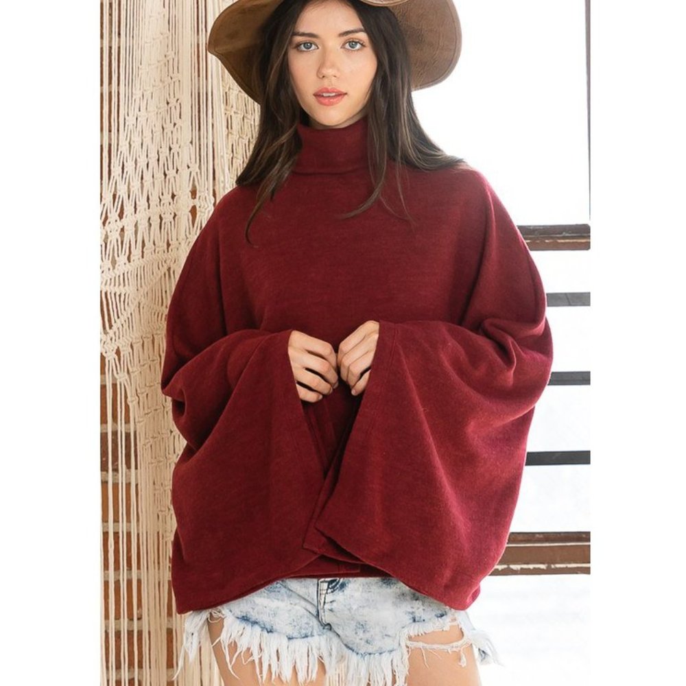 Dark Red Soft Brushed Turtle Neck Cape Sweater - Picture 3 of 6